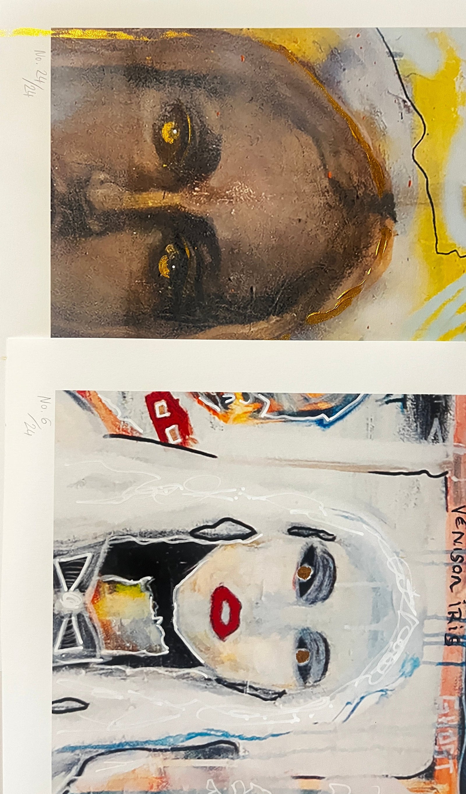 Two avantgarde artworks of faces with stylized features on a textured surface.